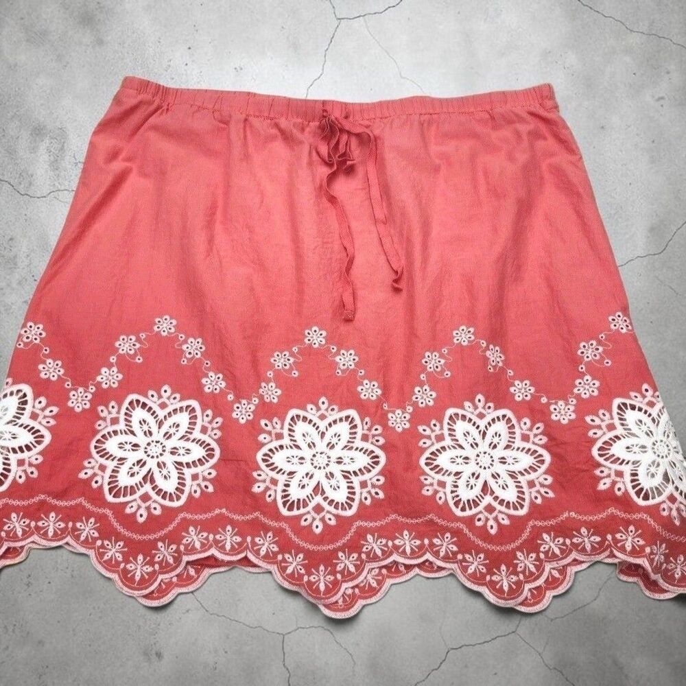 Sophie Max Embroidered Skirt Womens XL Coral Scalloped Hem Cottagecore Boho